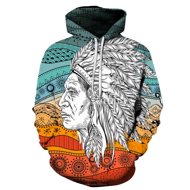 Multicolor pullover hoodie with Native chief face and feathered headdress all-over print