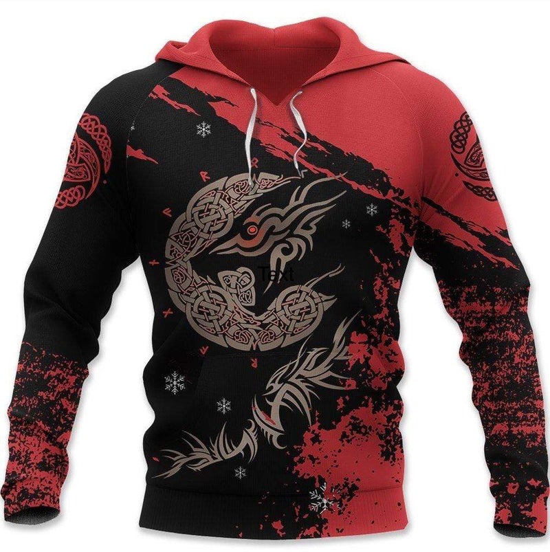 Viking Clothing Red and Black Fenrir Tattoo Hoodie RLT12 - Wonder Print Shop