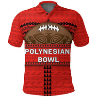 Custom Polynesian Bowl polo shirt, rot, Vorderseite mit Football-Logo und Polynesian-Bowl-Schrift