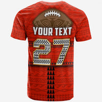 Red T-shirt with 'YOUR TEXT' and large '37' number, Polynesian tribal pattern