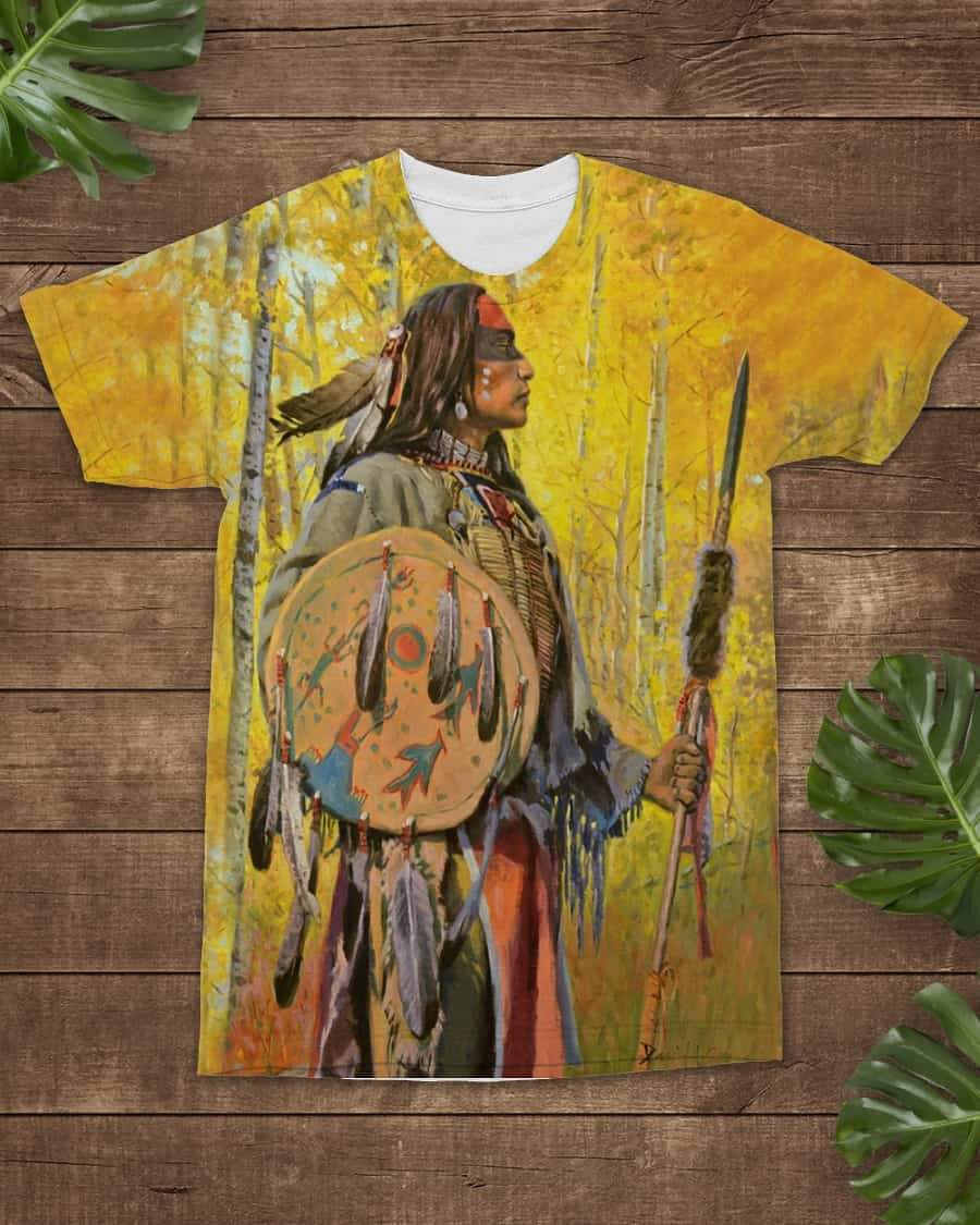 Multicolor T-shirt with Native American warrior graphic on yellow tie-dye background