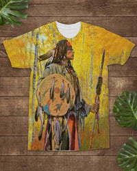 Multicolor T-shirt with Native American warrior graphic on yellow tie-dye background