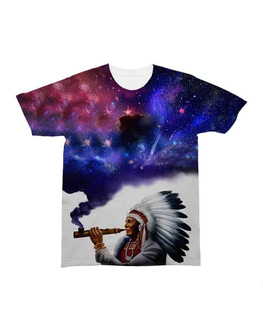 Galaxy chief graphic all-over T-shirt, blue-purple space clouds and feather headdress portrait