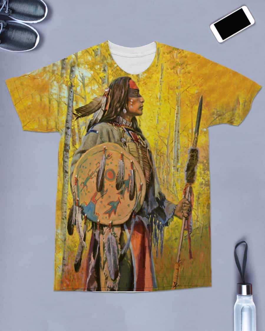 Native American warrior T-shirt, multicolor print with shield and spear