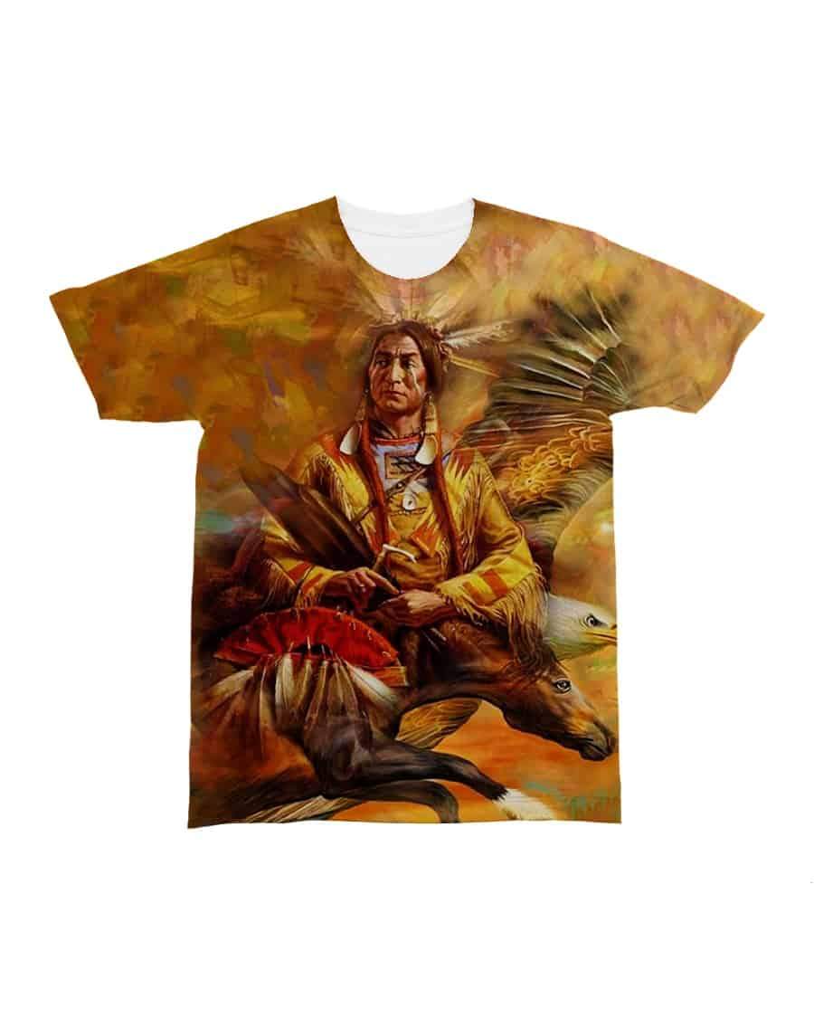 Camiseta multicolor con gráfico tribal 3D: jinete nativo, águila y caballos, cuello blanco