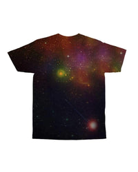Galaxy all-over print T-shirt, dark background with glowing stars and nebula