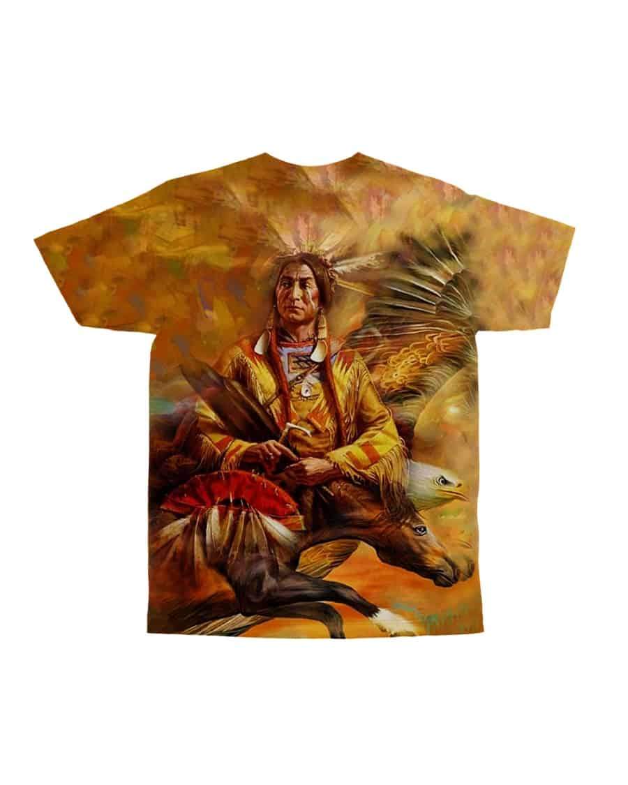 Playera multicolor con estampado tribal 3D de águila y caballos, cuello redondo blanco