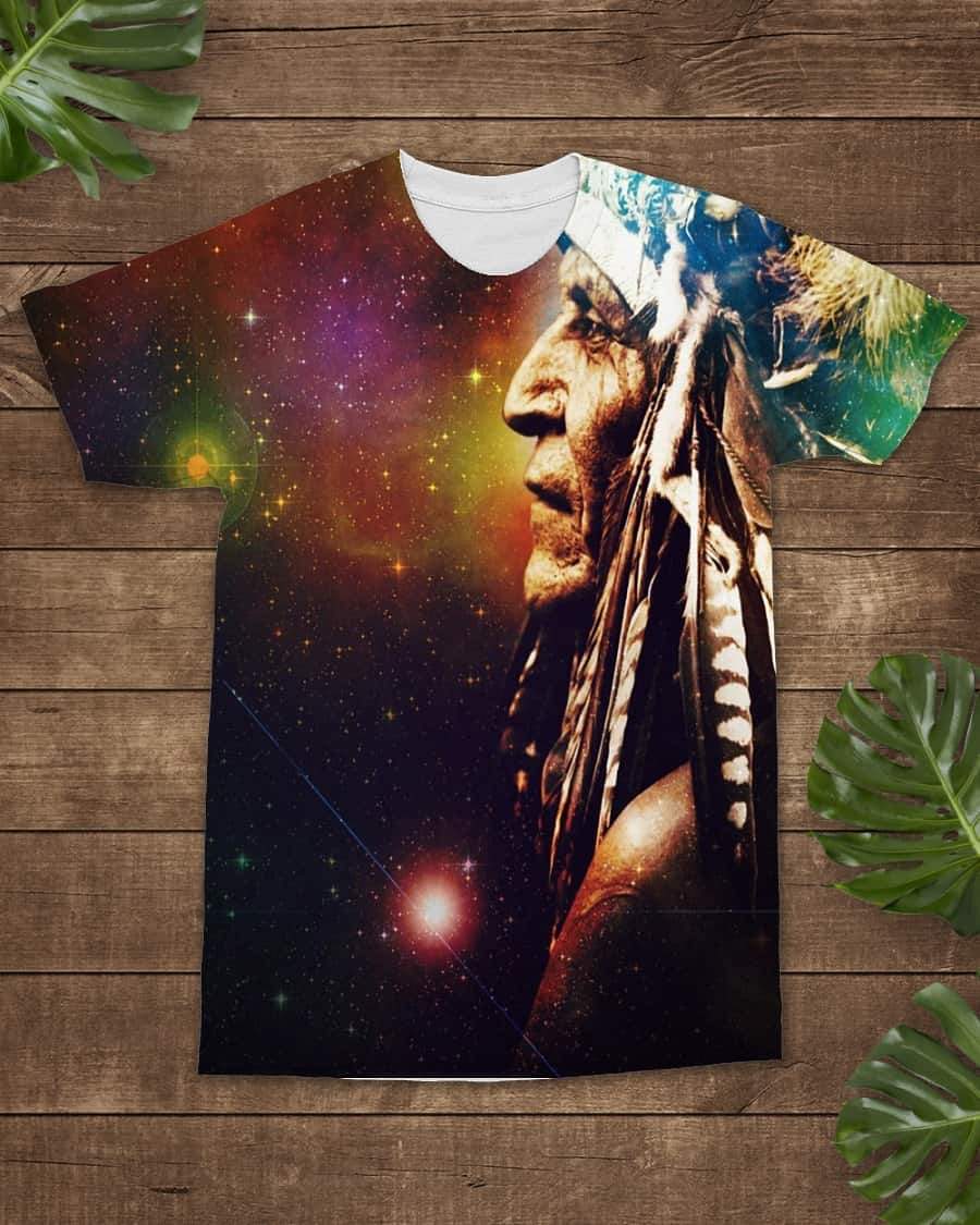 All-over galaxy T-shirt with Native chief portrait, colorful headdress, crew neck