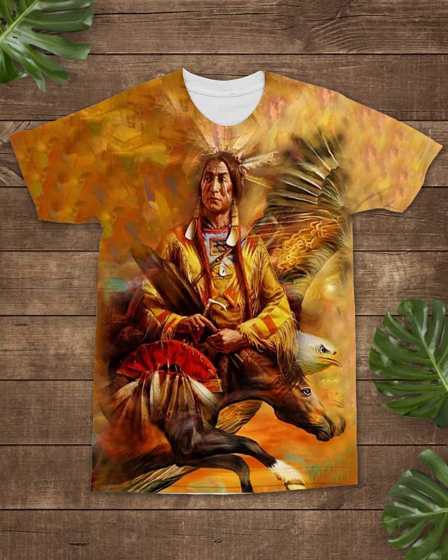 Camiseta unisex multicolor con diseño tribal 3D: hombre, águila y caballos, cuello blanco