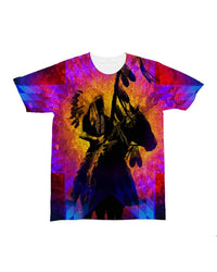 Front of multicolor all-over T-shirt: chief war horse silhouette in orange and blue