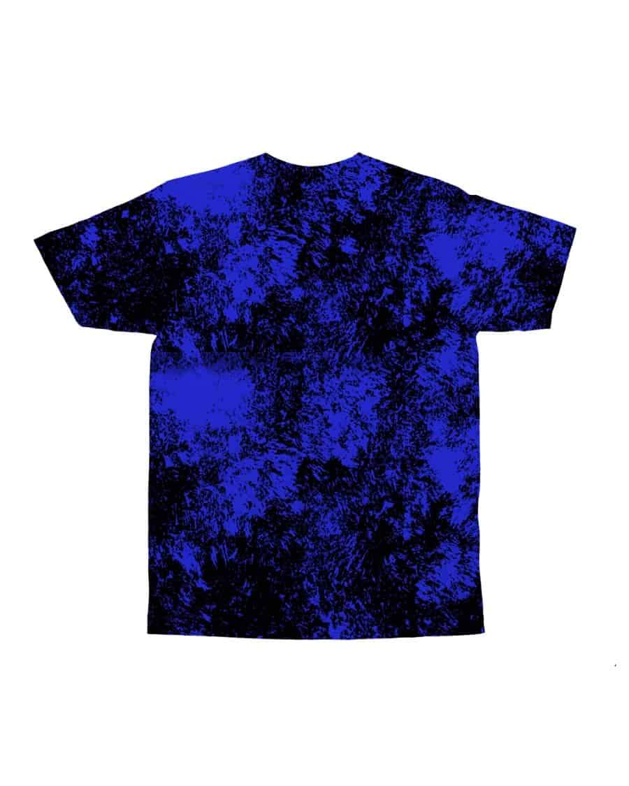 All-over T-shirt with dark blue speckled pattern; no figure print visible