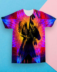 All-over T-shirt with vibrant chief and war horse graphic plus geometric blue/red shapes