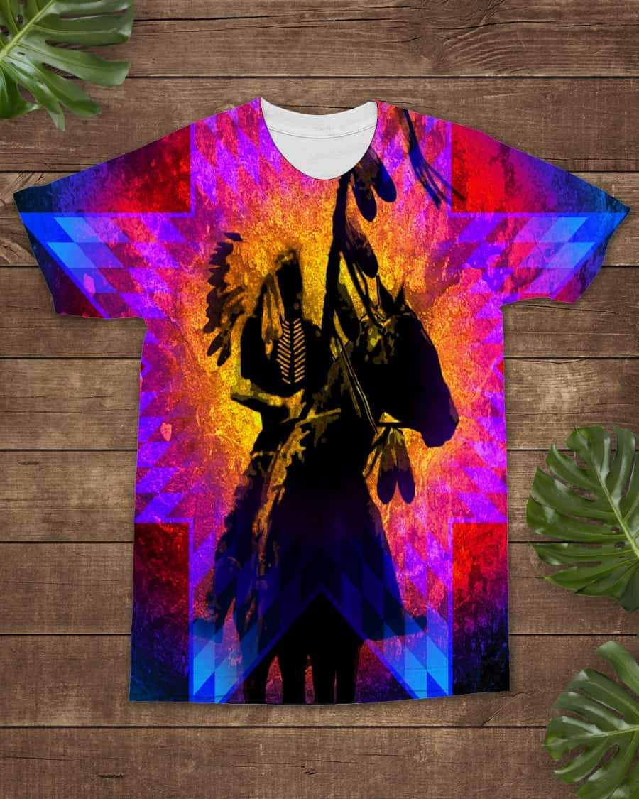 Multicolor all-over graphic T-shirt with chief war horse silhouette design