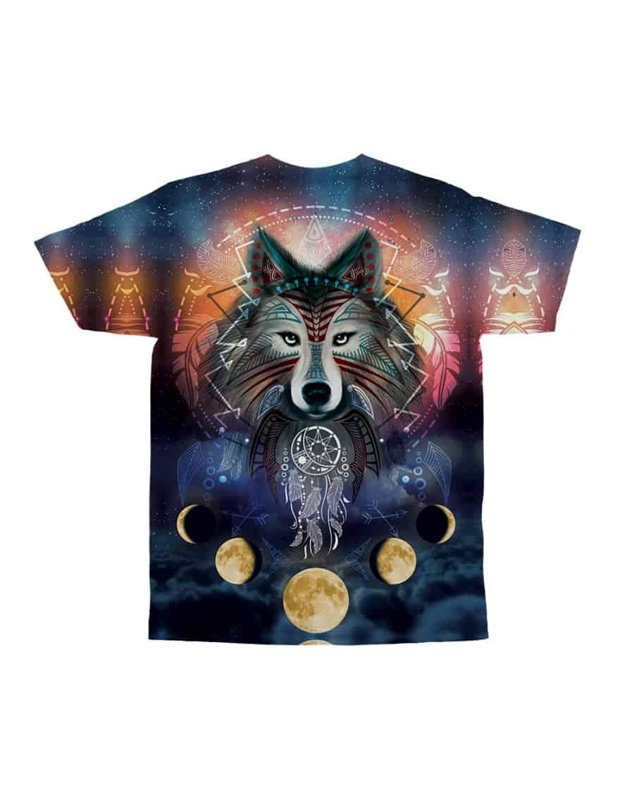 Multicolor graphic T-shirt featuring wolf head, sunlit halo, and hanging moon symbols
