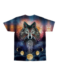 Multicolor graphic T-shirt featuring wolf head, sunlit halo, and hanging moon symbols