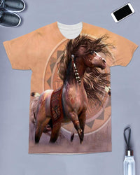 Peach/tan all-over horse print T-shirt with headdress details, front