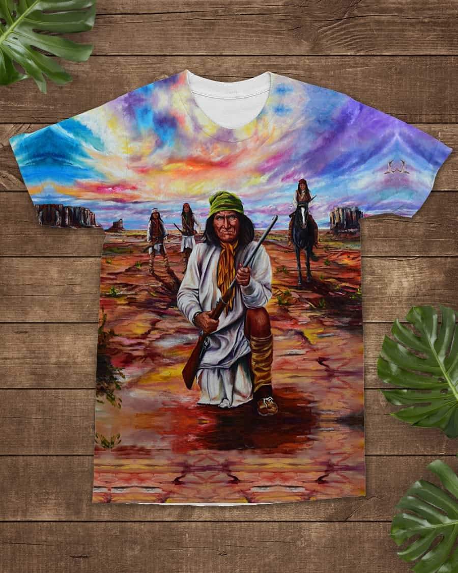 Native American chief all-over T-shirt: multicolor warrior graphic front