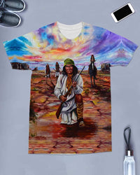Multicolor crew-neck T-shirt with Native American chief graphic and standing figures