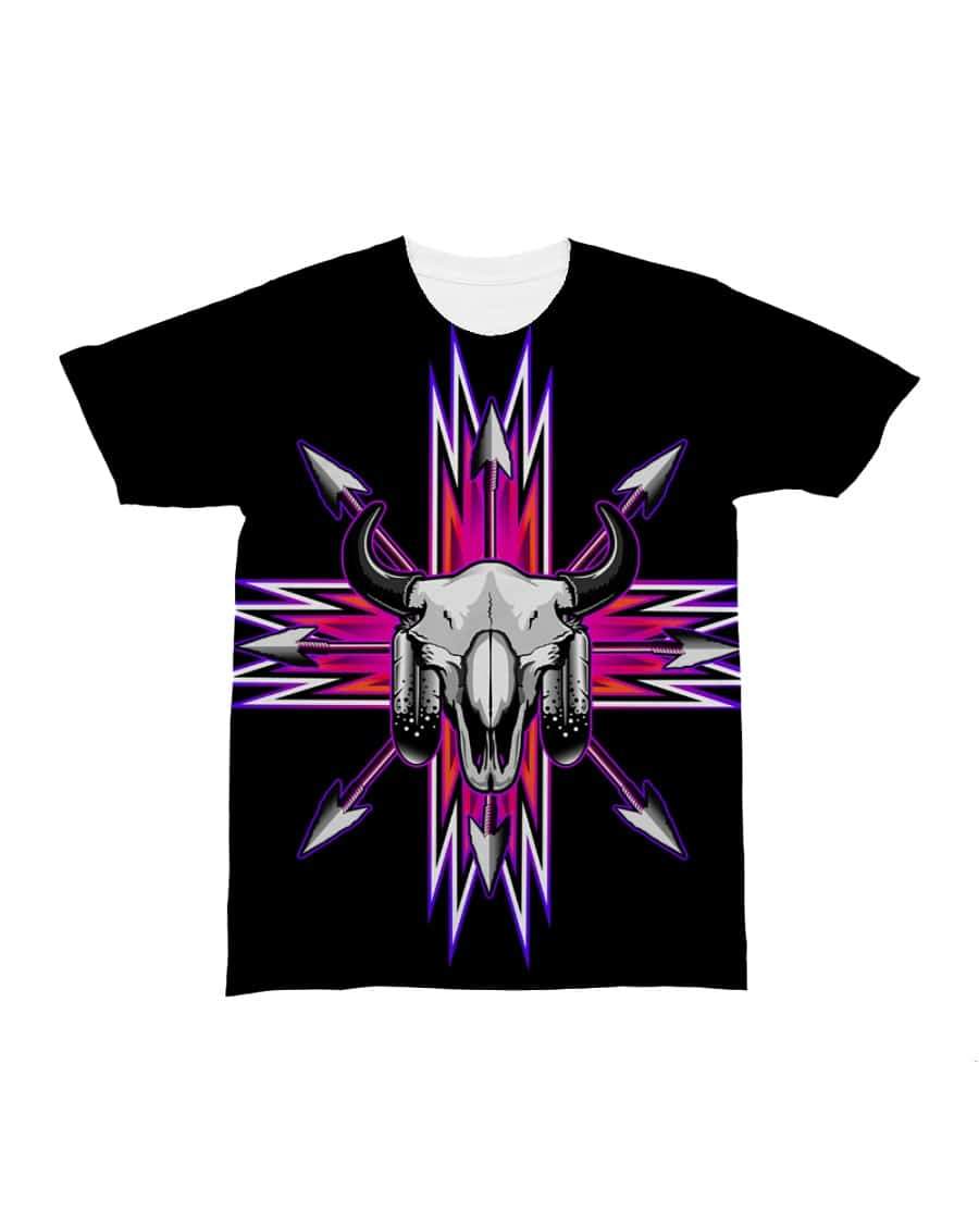 Centered black T-shirt design: white bison skull with neon pink/purple arrow burst