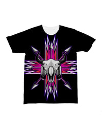 Centered black T-shirt design: white bison skull with neon pink/purple arrow burst