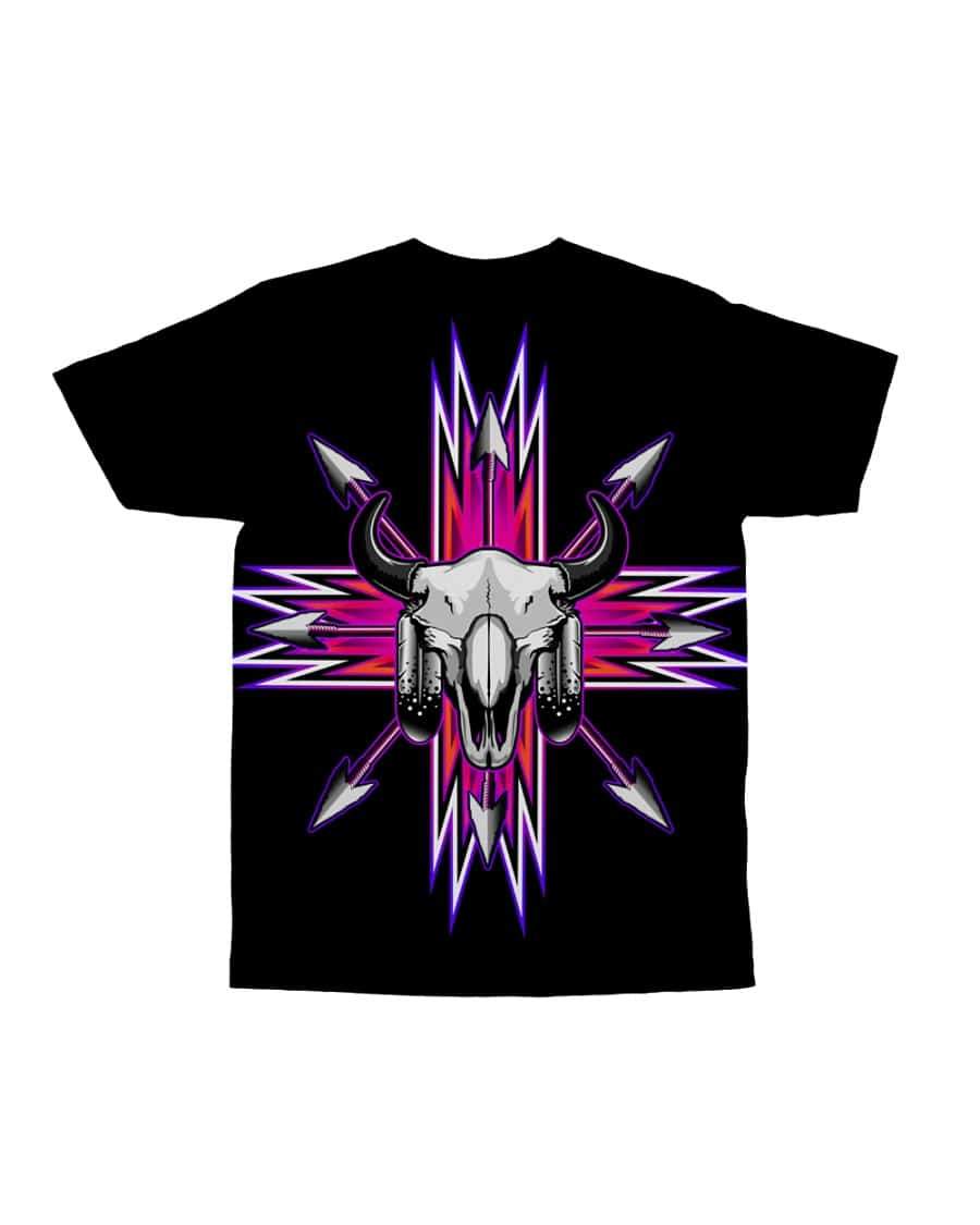 Black front graphic T-shirt featuring bison skull with vertical neon stripe and arrow spikes