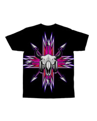 Black front graphic T-shirt featuring bison skull with vertical neon stripe and arrow spikes