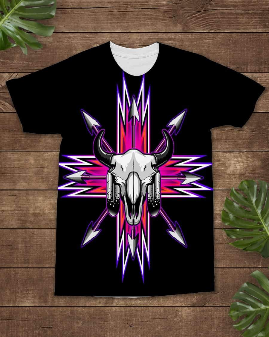 Black T-shirt with bison skull graphic and neon pink/purple arrow rays