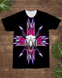 Black T-shirt with bison skull graphic and neon pink/purple arrow rays