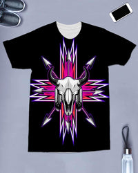 Black crew-neck T-shirt with bison skull neon arrow graphic in pink and purple
