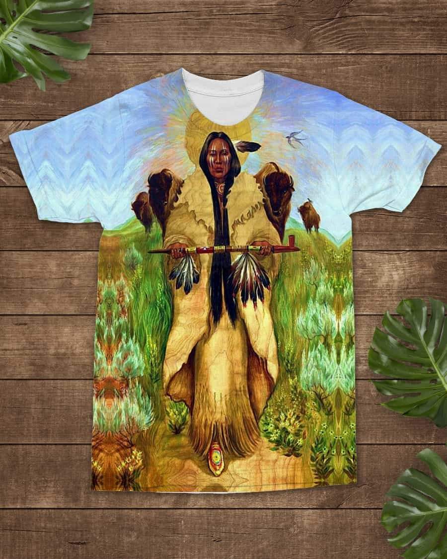 Multicolor all-over graphic T-shirt, Native figure with feathered birds and landscape