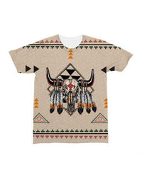 Beige front graphic T-shirt with bison skull, feathered headdress and diamond emblem
