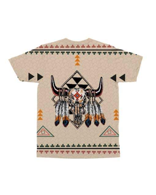 Beige tribal bison skull graphic T-shirt with feathered headdress and patterned hem
