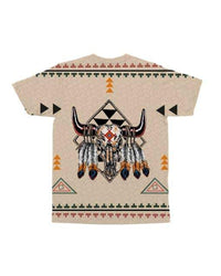 Beige tribal bison skull graphic T-shirt with feathered headdress and patterned hem