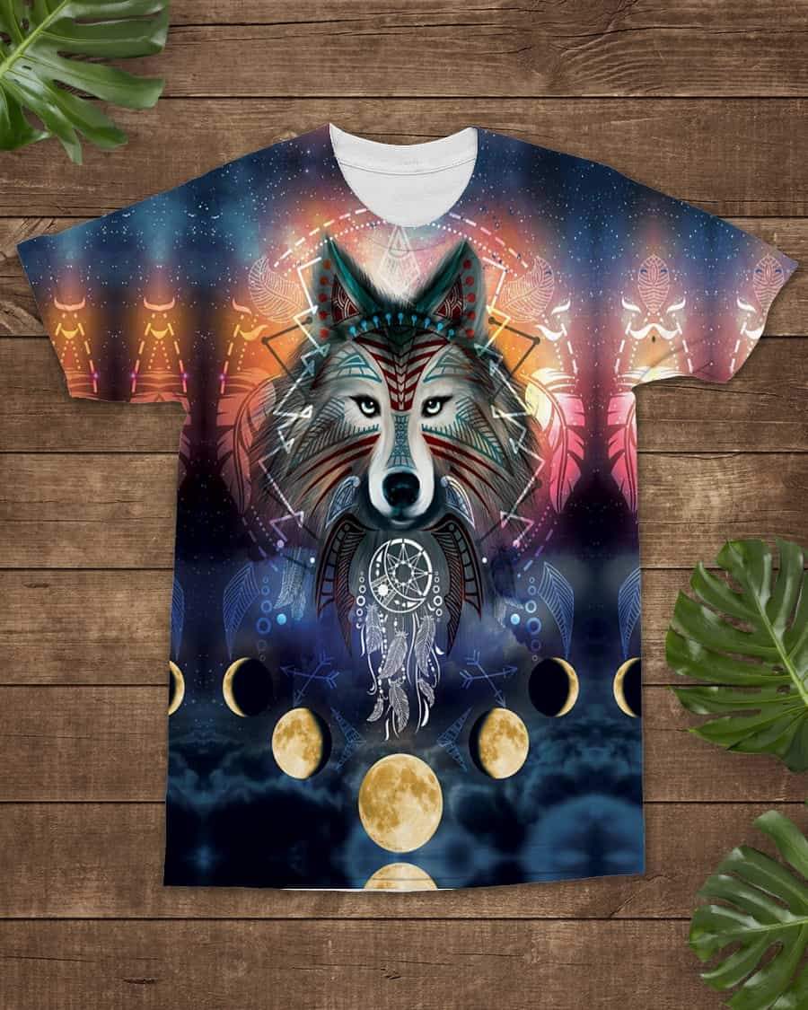 Multicolor all-over T-shirt with front wolf face, moon phases, and galaxy patterns
