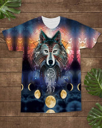 Multicolor all-over T-shirt with front wolf face, moon phases, and galaxy patterns