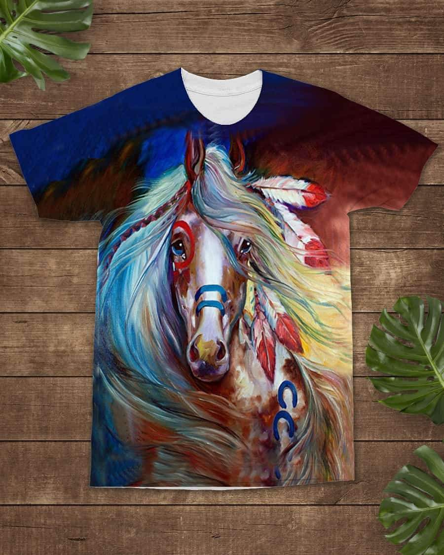 Colorful all-over horse portrait T-shirt with multicolor mane and feather details