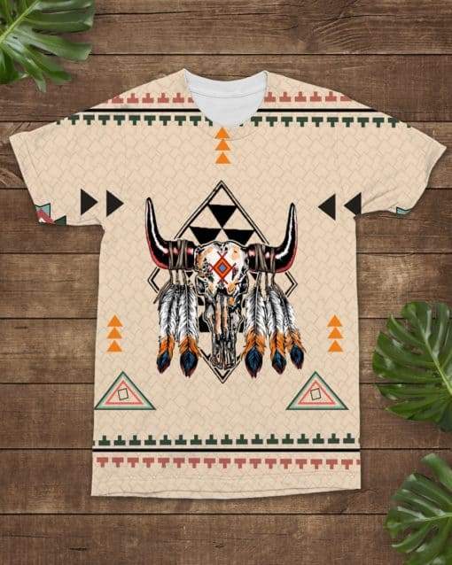 Beige all-over graphic bison skull with headdress and geometric accents T-shirt