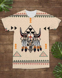 Beige all-over graphic bison skull with headdress and geometric accents T-shirt