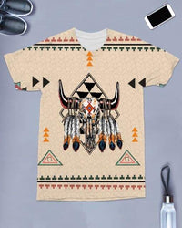 Beige Native-style bison skull headdress graphic T-shirt, geometric border and triangles