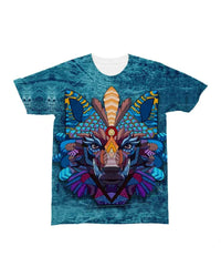 Centered wolf face headdress graphic on multicolor all-over turquoise T-shirt