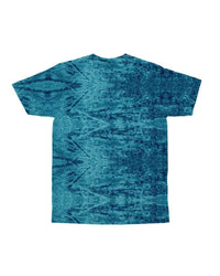 Turquoise crewneck T-shirt back, textured all-over color; no graphic visible