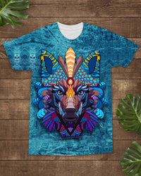 Multicolor wolf headdress graphic all-over crewneck T-shirt, turquoise base