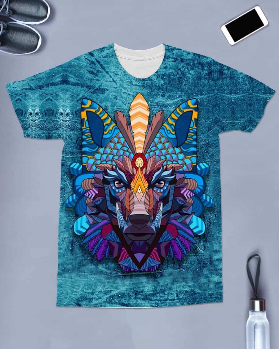 Front view: multicolor wolf headdress print on turquoise crewneck T-shirt