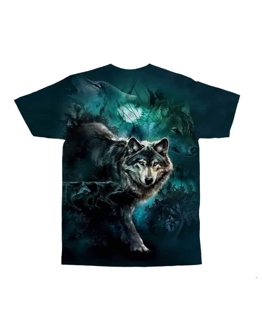 Dark green short-sleeve T-shirt with centered 3D wolf and glowing moon artwork
