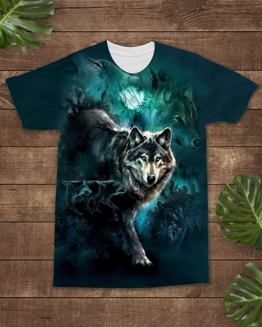 Teal/green all-over 3D wolf graphic T-shirt with two snarling wolves and moon detail
