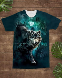 Teal/green all-over 3D wolf graphic T-shirt with two snarling wolves and moon detail