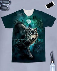 Green wolf T-shirt front with teal moon and forest-style 3D wolf illustration