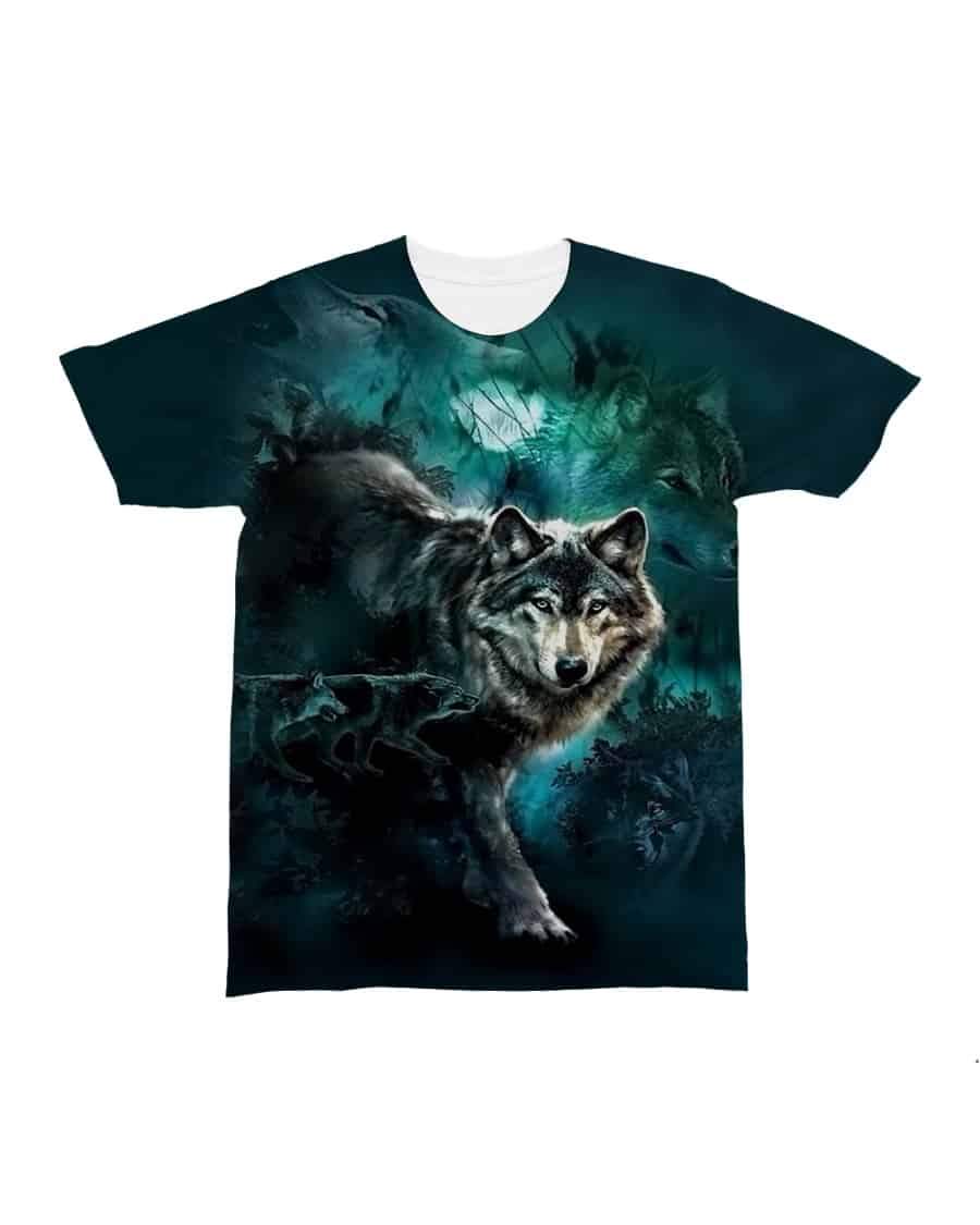 Dark teal all-over print T-shirt featuring close-up 3D wolf faces and moon