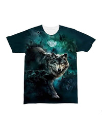Dark teal all-over print T-shirt featuring close-up 3D wolf faces and moon