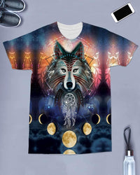 Galaxy wolf moon all-over print T-shirt, crew neck and short sleeves, multicolor